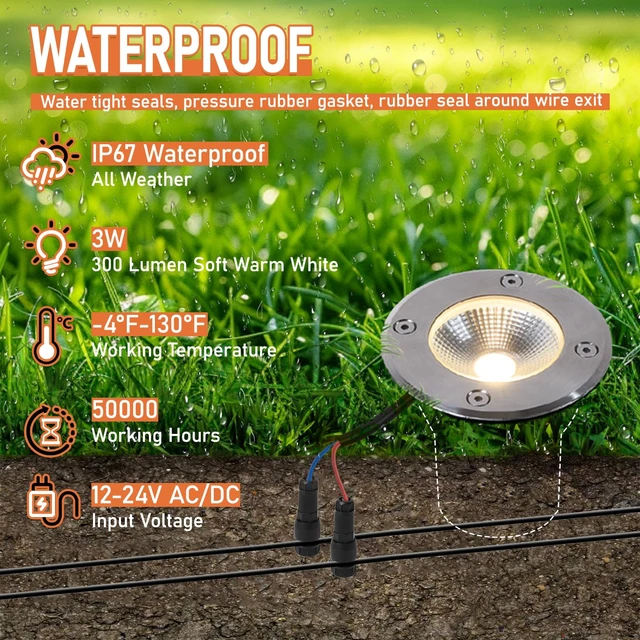 Alt view image 4 of 7 - JAMHER 2 Pack Low Voltage Landscape Lights with Connectors,Warm White | Well Lights,In Ground Lights,Outdoor Landscape Lighting,12-24V,IP67 Waterproof,for Garden Yard Driveway Deck Step Up Light