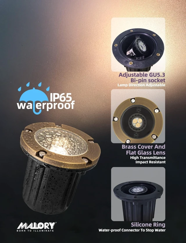 Alt view image 3 of 7 - MALORY Low Voltage Landscape Well Lights, (126 mm) Brass Top Cover | 12V Outdoor In Ground Lights,Waterproof Uplight,Flat Top, 5W MR16 Bulb ,for Landscaping,Pathway, Driveway, Deck,Garden