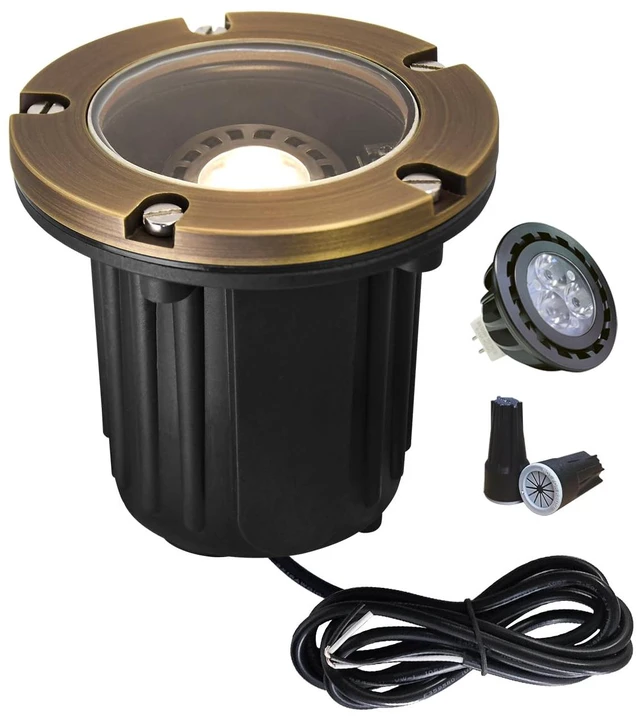 Main image of MALORY Low Voltage Landscape Well Lights, (126 mm) Brass Top Cover | 12V Outdoor In Ground Lights,Waterproof Uplight,Flat Top, 5W MR16 Bulb ,for Landscaping,Pathway, Driveway, Deck,Garden