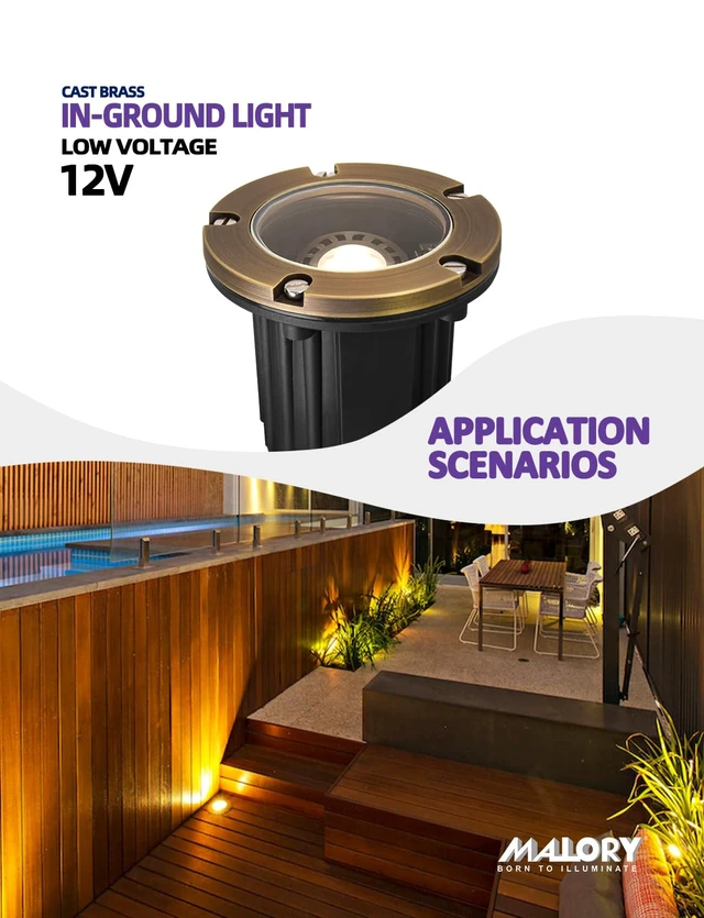 Alt view image 2 of 7 - MALORY Low Voltage Landscape Well Lights, (126 mm) Brass Top Cover | 12V Outdoor In Ground Lights,Waterproof Uplight,Flat Top, 5W MR16 Bulb ,for Landscaping,Pathway, Driveway, Deck,Garden