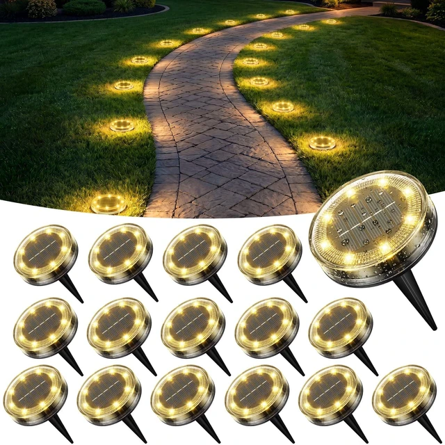 Main image of Solar Ground Lights Outdoor Anti-Rust Disk Lights, 16pack Warm White | IP68 Waterproof, 8 LED Flat Solar Lights Auto ON/OFF Solar Garden Lights for Walkway Driveway Yard Pathway Landscape Lighting