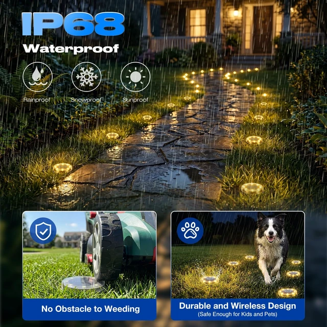 Alt view image 4 of 6 - Solar Ground Lights Outdoor Anti-Rust Disk Lights, 16pack Warm White | IP68 Waterproof, 8 LED Flat Solar Lights Auto ON/OFF Solar Garden Lights for Walkway Driveway Yard Pathway Landscape Lighting