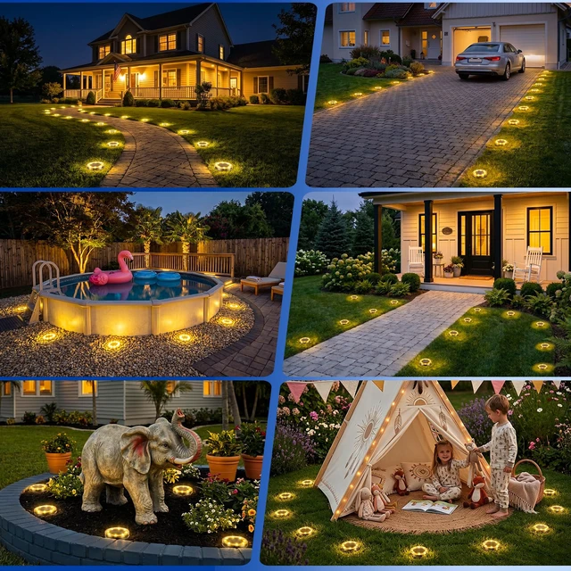 Alt view image 5 of 6 - Solar Ground Lights Outdoor Anti-Rust Disk Lights, 16pack Warm White | IP68 Waterproof, 8 LED Flat Solar Lights Auto ON/OFF Solar Garden Lights for Walkway Driveway Yard Pathway Landscape Lighting