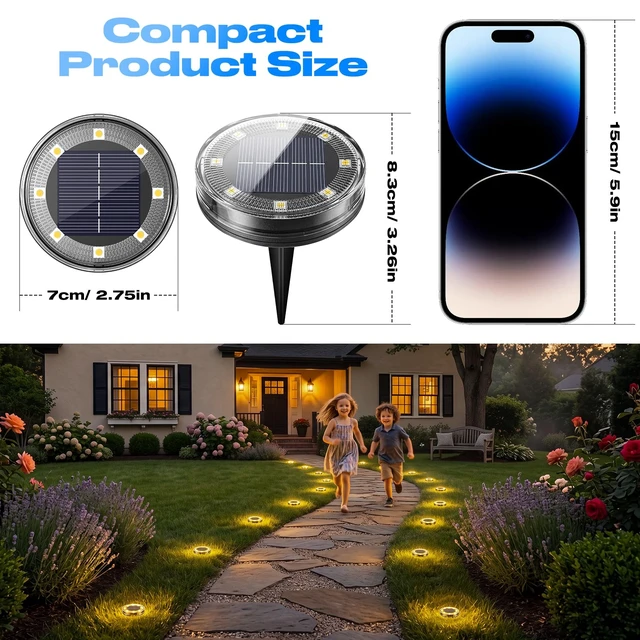 Alt view image 6 of 6 - Solar Ground Lights Outdoor Anti-Rust Disk Lights, 16pack Warm White | IP68 Waterproof, 8 LED Flat Solar Lights Auto ON/OFF Solar Garden Lights for Walkway Driveway Yard Pathway Landscape Lighting