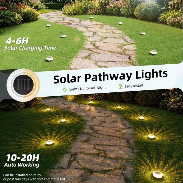 Alt view image 3 of 7 - JOFIOS Mini Solar Ground Lights Outdoor,Flat Solar Pathway Lights 12 Pack | IP67 Waterproof Solar Powered Deck Lights,Landscape Lighting for Garden Yard Walkway Patio Driveway Small,Warm White