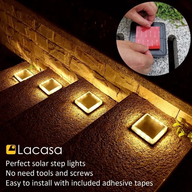 Alt view image 5 of 7 - Lacasa Solar Deck Lights, 4 Pack Warm White Outdoor In-Ground Driveway Walkway Dock, IP68 Waterproof Solar Powered Stair Step Pathway Fence Auto On/Off LED for Garden Yard Patio