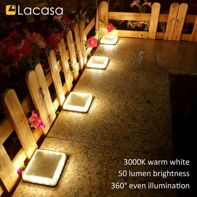 Alt view image 6 of 7 - Lacasa Solar Deck Lights, 4 Pack Warm White Outdoor In-Ground Driveway Walkway Dock, IP68 Waterproof Solar Powered Stair Step Pathway Fence Auto On/Off LED for Garden Yard Patio