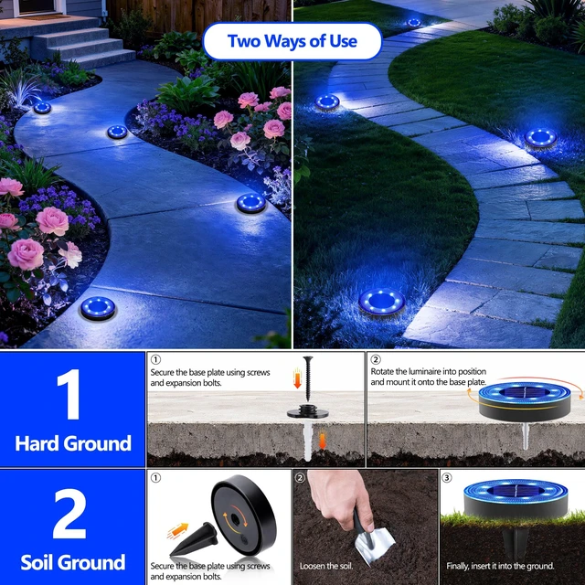 Alt view image 2 of 7 - Joomer 16 Pack 2.9inch Solar Ground Lights Outdoor, Blue | 2-in-1 8LED Solar Disc Lights Pathway Landscape Lighting Waterproof for Garden Patio Lawn Yard Driveway Walkway Deck Step