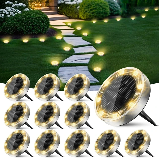 Main image of Peasur Solar Lights Outdoor Waterproof -12 Pack Solar Ground Lights Anti-Rust, Flat Solar Powered Disc Lights Landscape Lighting for Deck Step Patio Yard Pathway Walkway Driveway Garden, Warm White