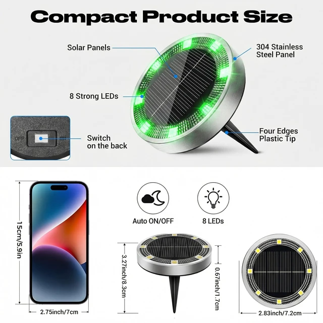 Alt view image 5 of 7 - Peasur Solar Ground Lights Outdoor, 12 Pack Flat Solar Powered Disc Lights, IP68 Waterproof, Anti-Rust, Landscape Lighting for Pathway Garden Yard Lawn Walkway Landscape Driveway, Green