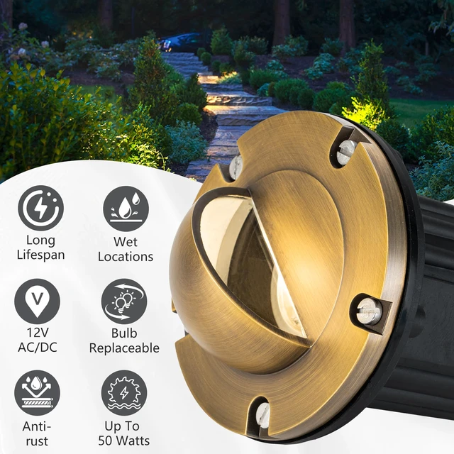 Alt view image 5 of 7 - LumStory Brass Well Lights Landscape LED In Ground Lights Outdoor Low Voltage Landscape Lighting 12V Up Lights for Tree, Pathway and Garden, with MR16 GU5.3 Bulb 5W 3000K Warm White (Beacon Top)