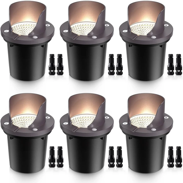 Main image of SUNVIE 6-Pack 12W 3000K LED Low Voltage Landscape Well Lights, Shield Top | 12-24V AC/DC, Waterproof, Anti-Glare, Die-Cast Aluminum In-Ground Lights for Pathway Garden Yard, Connectors Included