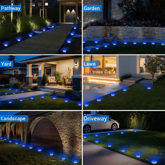 Alt view image 6 of 7 - Peasur Solar Ground Lights Outdoor, 12 Pack Flat Solar Powered Disc Lights, IP68 Waterproof, Anti-Rust, Landscape Lighting for Pathway Garden Yard Lawn Walkway Landscape Driveway, Blue