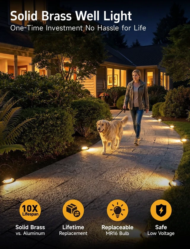 Alt view image 2 of 7 - Gardenreet Well Lights Landscape LED - Brass Low Voltage Replaceable Bulb Ip65 In-Ground Lighting, 12V Wired Directional Fixture, Antique Bronze for Patio Yard Lawn with 5000K Daylight White MR16 Bulb