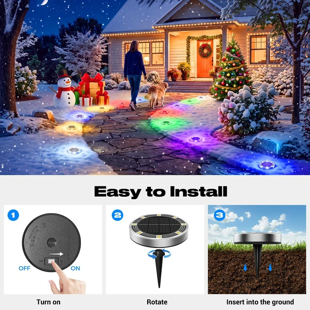 Alt view image 4 of 7 - Peasur Solar Ground Lights Outdoor, 24 Pack Flat Solar Powered Disc Lights, IP68 Waterproof, Anti-Rust, Landscape Lighting for Pathway Garden Yard Lawn Walkway Landscape Driveway, 6 Colors