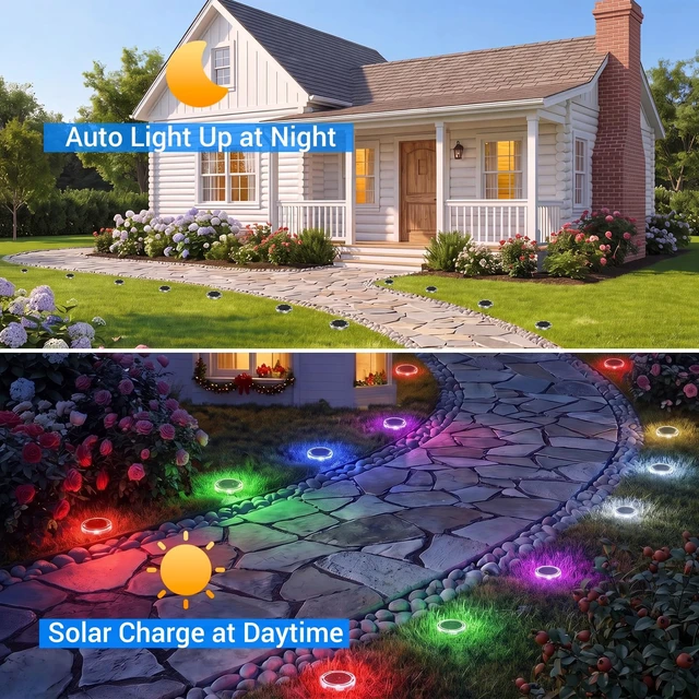 Alt view image 5 of 7 - Peasur Solar Ground Lights Outdoor, 24 Pack Flat Solar Powered Disc Lights, IP68 Waterproof, Anti-Rust, Landscape Lighting for Pathway Garden Yard Lawn Walkway Landscape Driveway, 6 Colors