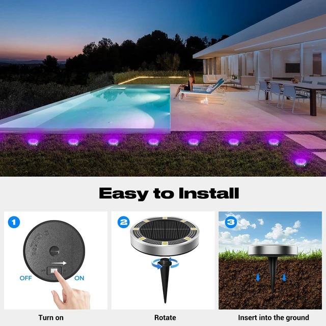 Alt view image 4 of 7 - Peasur Solar Ground Lights Outdoor, 12 Pack Flat Solar Powered Disc Lights, IP68 Waterproof, Anti-Rust, Landscape Lighting for Pathway Garden Yard Lawn Walkway Landscape Driveway, Purple