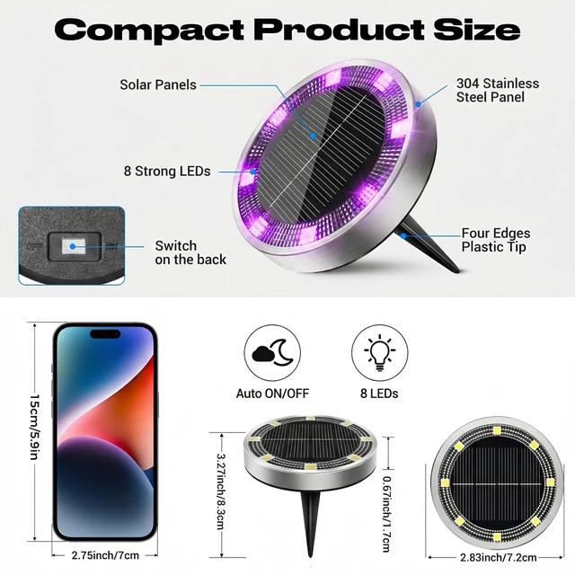 Alt view image 5 of 7 - Peasur Solar Ground Lights Outdoor, 12 Pack Flat Solar Powered Disc Lights, IP68 Waterproof, Anti-Rust, Landscape Lighting for Pathway Garden Yard Lawn Walkway Landscape Driveway, Purple