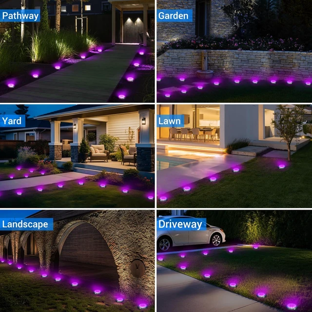 Alt view image 6 of 7 - Peasur Solar Ground Lights Outdoor, 12 Pack Flat Solar Powered Disc Lights, IP68 Waterproof, Anti-Rust, Landscape Lighting for Pathway Garden Yard Lawn Walkway Landscape Driveway, Purple