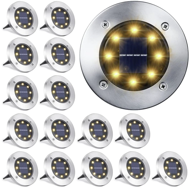 Main image of LYHOPE Solar Ground Light Outdoor, 16 Pack 8 LED Solar Disk Lights Waterproof Garden In-ground Pathway Lights Landscape Lighting for Lawn,Yard,Deck,Patio,Walkway (Warm White)