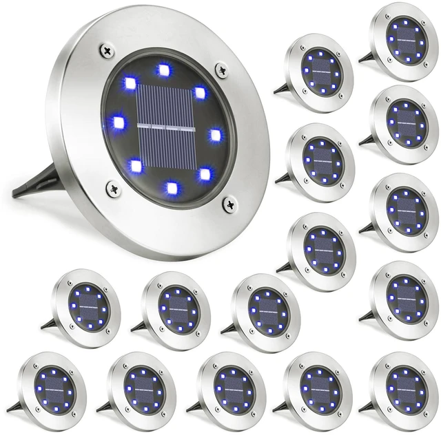 Main image of LYHOPE Solar Ground Lights Outdoor, 16 Pack 8 LED Solar Disk Lights Waterproof Garden In-ground Pathway Lights Landscape Lighting for Lawn,Yard,Deck,Patio,Walkway (Blue)