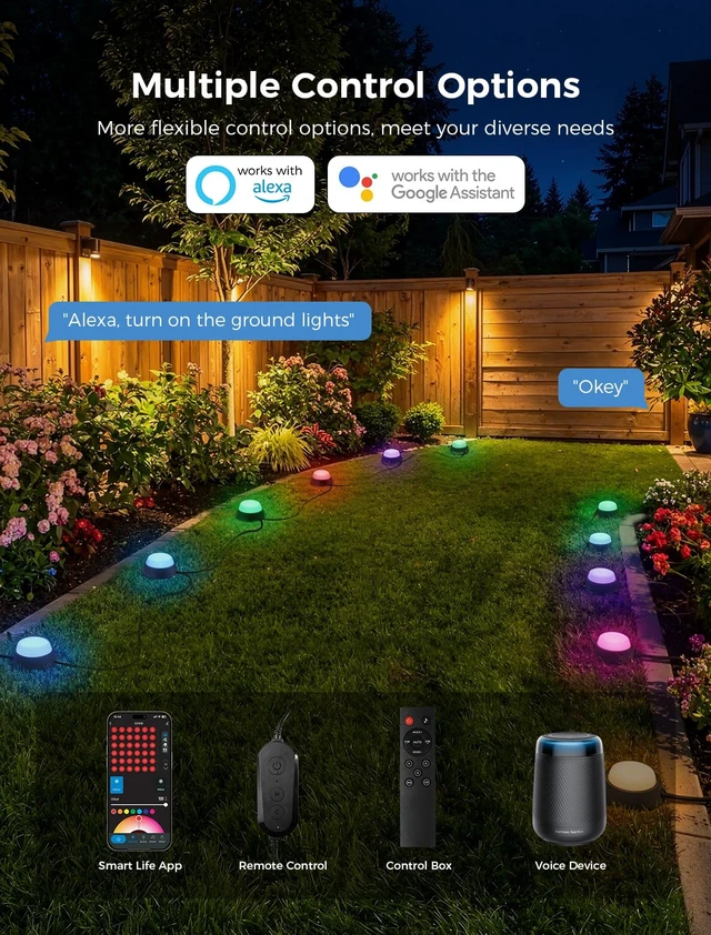 Alt view image 5 of 7 - CDN Smart Outdoor Ground Lights 16 Pack, 30FT RGBW Pathway Lights Wired | IP65 Waterproof, 111 Scene Modes, Music Sync, 2200K-6500K Tunable White, App & Remote Control, Alexa & Google Compatible