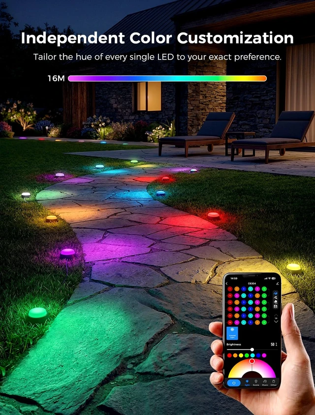 Alt view image 3 of 7 - CDN Smart Outdoor Ground Lights 16 Pack, 30FT RGBW Pathway Lights Wired | IP65 Waterproof, 111 Scene Modes, Music Sync, 2200K-6500K Tunable White, App & Remote Control, Alexa & Google Compatible