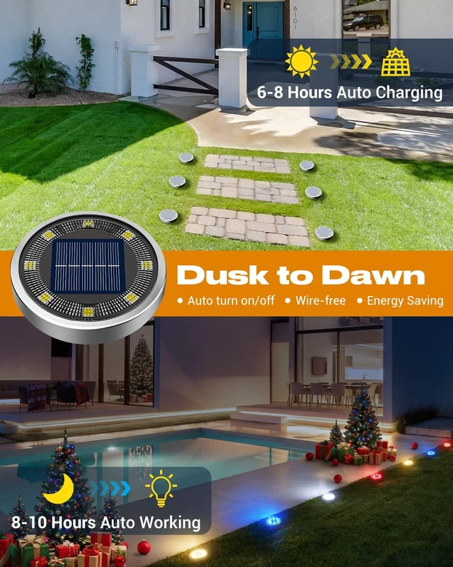 Alt view image 3 of 7 - btfarm 16 Pack Solar Lights Outdoor Waterproof, 8 LED Solar Ground Lights | Stainless Steel, Easy-to-Install Flat Solar Disc Lights, Pathway Lights for Garden Patio Yard Christmas Decorations