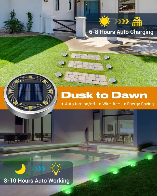 Alt view image 2 of 7 - btfarm 16 Pack Solar Lights Outdoor Waterproof, 8 LED Solar Ground Lights | Stainless Steel, Easy-to-Install Flat Solar Disc Lights, Pathway Lights for Garden Lawn Patio Yard Path Landscape, Green