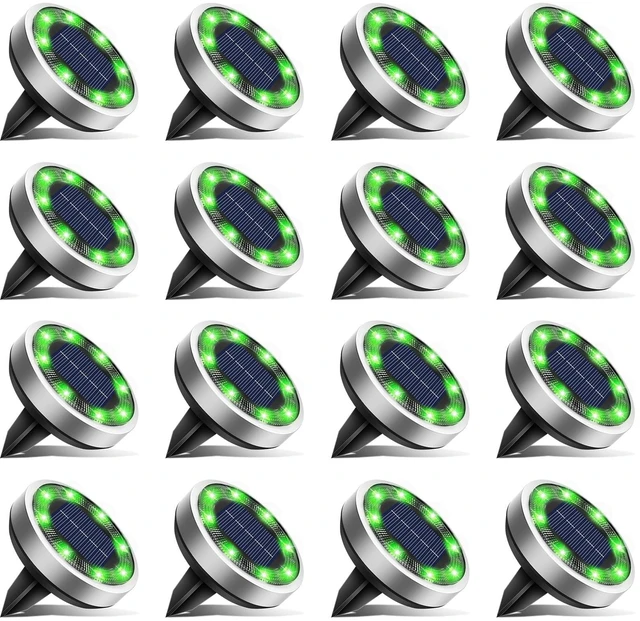 Main image of btfarm 16 Pack Solar Lights Outdoor Waterproof, 8 LED Solar Ground Lights | Stainless Steel, Easy-to-Install Flat Solar Disc Lights, Pathway Lights for Garden Lawn Patio Yard Path Landscape, Green