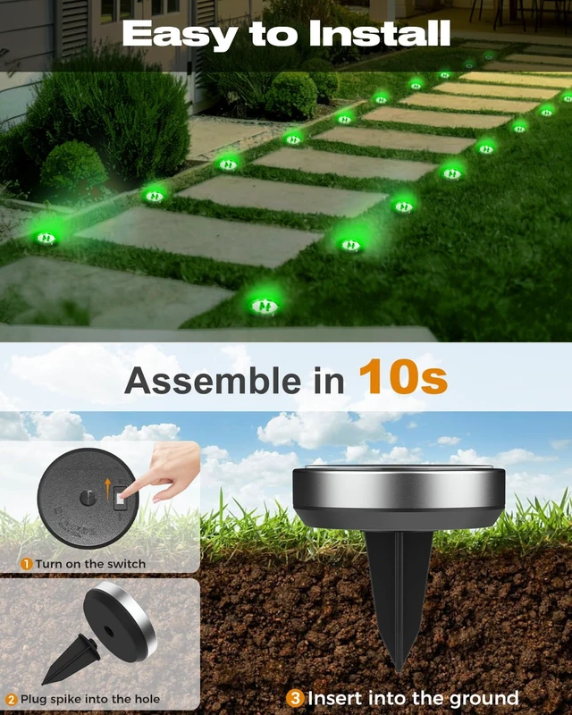 Alt view image 4 of 7 - btfarm 16 Pack Solar Lights Outdoor Waterproof, 8 LED Solar Ground Lights | Stainless Steel, Easy-to-Install Flat Solar Disc Lights, Pathway Lights for Garden Lawn Patio Yard Path Landscape, Green