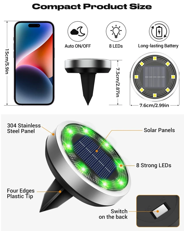 Alt view image 6 of 7 - btfarm 16 Pack Solar Lights Outdoor Waterproof, 8 LED Solar Ground Lights | Stainless Steel, Easy-to-Install Flat Solar Disc Lights, Pathway Lights for Garden Lawn Patio Yard Path Landscape, Green