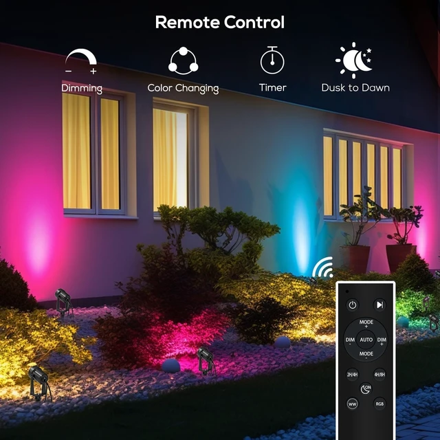 Alt view image 6 of 7 - SUNTHIN 4 Pack Outdoor RGBW Landscape Lights, Color Changing Spot Uplights | Dusk to Dawn Sensor Controller with Remote, IP65 Waterproof Outdoor LED Yard Lights for Garden, Trees & Pathway