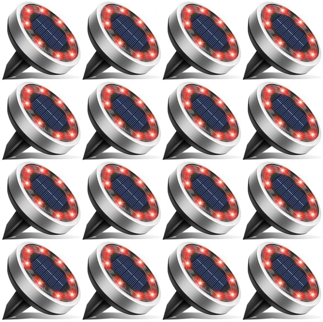 Main image of btfarm 16 Pack Solar Lights Outdoor Waterproof, 8 LED Solar Ground Lights | Stainless Steel, Easy-to-Install Flat Solar Disc Lights, Pathway Lights for Garden Lawn Patio Yard Path Landscape, Red