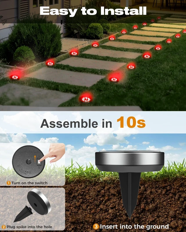 Alt view image 4 of 7 - btfarm 16 Pack Solar Lights Outdoor Waterproof, 8 LED Solar Ground Lights | Stainless Steel, Easy-to-Install Flat Solar Disc Lights, Pathway Lights for Garden Lawn Patio Yard Path Landscape, Red
