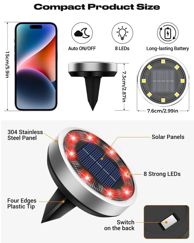 Alt view image 6 of 7 - btfarm 16 Pack Solar Lights Outdoor Waterproof, 8 LED Solar Ground Lights | Stainless Steel, Easy-to-Install Flat Solar Disc Lights, Pathway Lights for Garden Lawn Patio Yard Path Landscape, Red