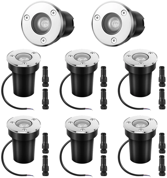 Main image of Retisee 6 Pcs 1W LED Well Lights Low Voltage Landscape Lighting with 16 Connectors, 12-24V Outdoor Inground Lights IP67 Waterproof Warm White for Sidewalk Paver Garden Step Lawn
