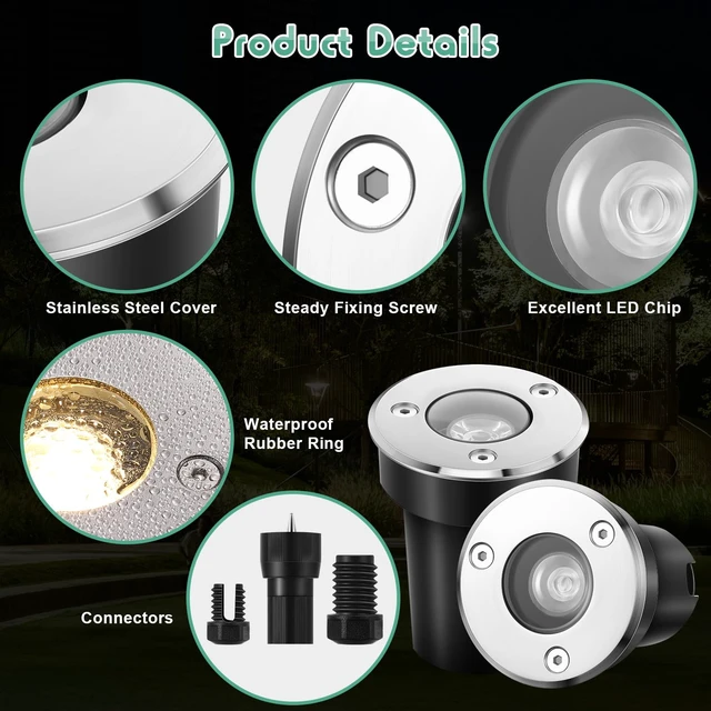 Alt view image 3 of 6 - Retisee 6 Pcs 1W LED Well Lights Low Voltage Landscape Lighting with 16 Connectors, 12-24V Outdoor Inground Lights IP67 Waterproof Warm White for Sidewalk Paver Garden Step Lawn