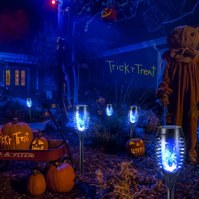 Alt view image 2 of 7 - Toodour Solar Torch Flame Lights, 12 Pack Solar Halloween Lights Outdoor | with Flickering Flame, Waterproof Patio Light Landscape Decoration Lighting for Garden Yard Outdoor Halloween Decor - Blue