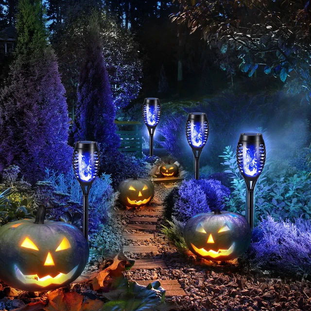 Alt view image 3 of 7 - Toodour Solar Torch Flame Lights, 12 Pack Solar Halloween Lights Outdoor | with Flickering Flame, Waterproof Patio Light Landscape Decoration Lighting for Garden Yard Outdoor Halloween Decor - Blue