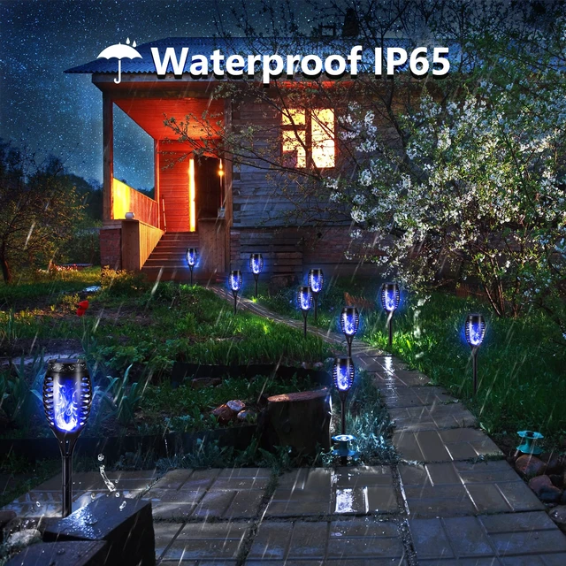 Alt view image 4 of 7 - Toodour Solar Torch Flame Lights, 12 Pack Solar Halloween Lights Outdoor | with Flickering Flame, Waterproof Patio Light Landscape Decoration Lighting for Garden Yard Outdoor Halloween Decor - Blue