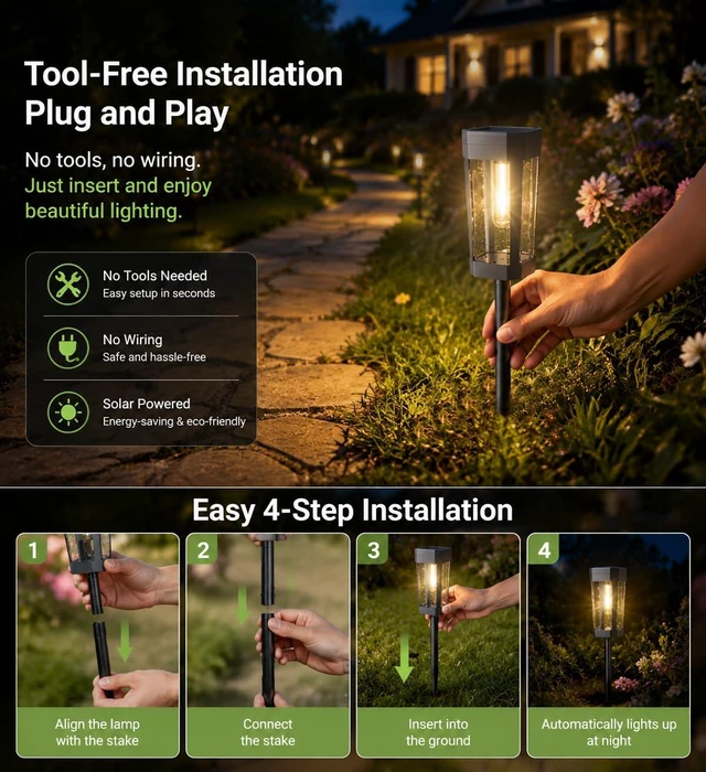 Alt view image 6 of 6 - RAVICEN Solar Pathway Lights Outdoor, 8 Pack Tungsten Filament Solar Lights, 3 Modes Auto On/Off, IP65 Waterproof, Dusk to Dawn Solar Garden Lights for Yard, Driveway, Lawn, Walkway & Landscape