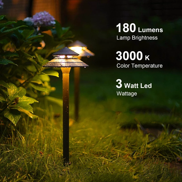 Alt view image 2 of 7 - GOODSMANN Pathway Lights 3W LED 2PK Outdoor Low Voltage Landscape Lighting 180 Lumen Hardwired 2 Tier Pagoda Path Lights 3000K Warm White Metal 12V Electric Sidewalk Walkway Light with Connectors