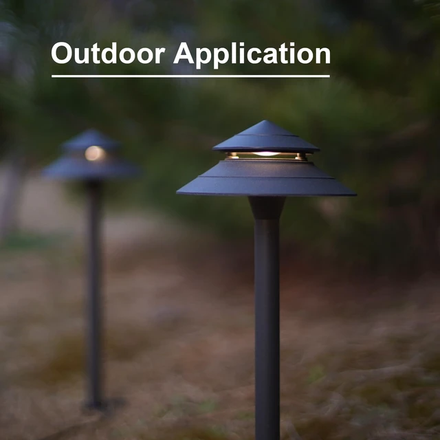 Alt view image 4 of 7 - GOODSMANN Pathway Lights 3W LED 2PK Outdoor Low Voltage Landscape Lighting 180 Lumen Hardwired 2 Tier Pagoda Path Lights 3000K Warm White Metal 12V Electric Sidewalk Walkway Light with Connectors