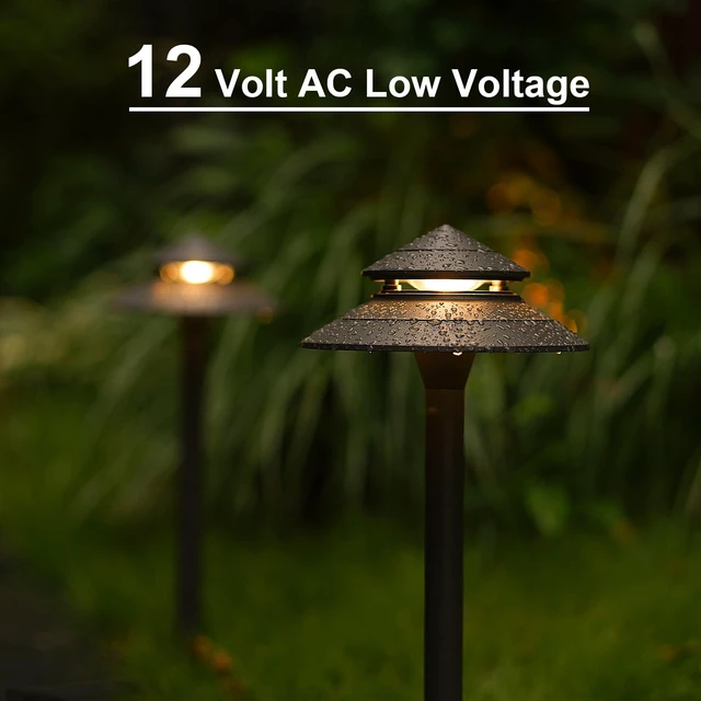 Alt view image 5 of 7 - GOODSMANN Pathway Lights 3W LED 2PK Outdoor Low Voltage Landscape Lighting 180 Lumen Hardwired 2 Tier Pagoda Path Lights 3000K Warm White Metal 12V Electric Sidewalk Walkway Light with Connectors