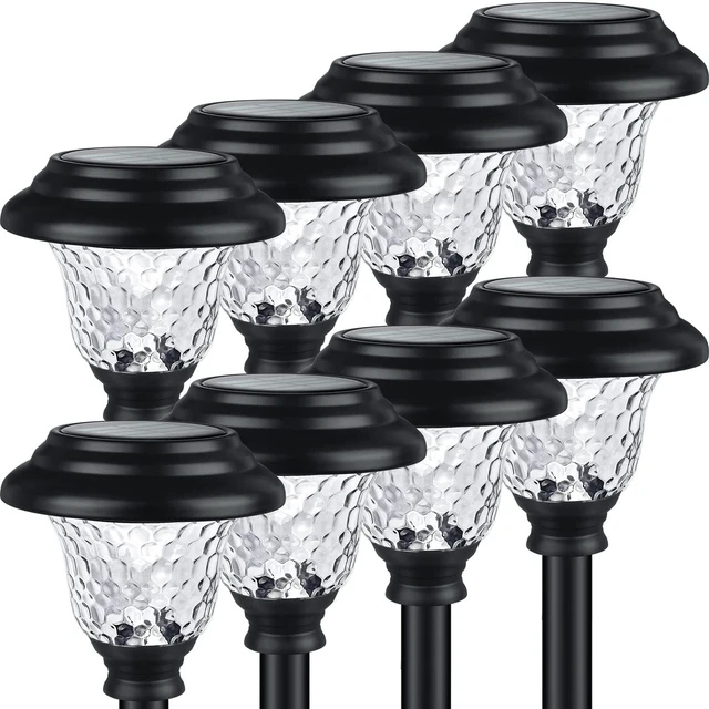Main image of Glass Solar Lights Outdoor waterproof, 8 Pack Super Bright Solar Pathway Lights, Up to 12 Hrs Long Last Auto On/Off Garden Lights Solar Powered, Stainless Steel LED Light For Yard Landscape Warm White