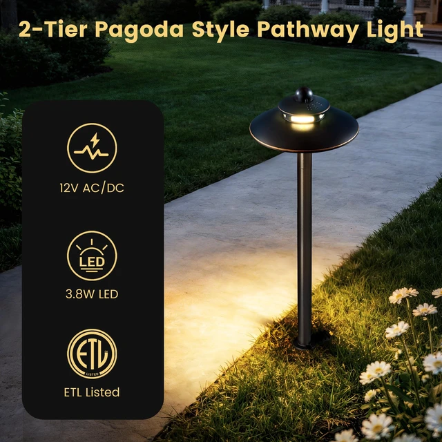 Alt view image 4 of 7 - SURAIELEC 12V Low Voltage LED Landscape Path Lights, 3 CCT Adjustable | 3.8W LED, 2-Tier Pagoda Pathway Light with Connectors, 3 Color Temperature, Aluminum ORB Walkway Lights, 4 Pack, ETL Listed