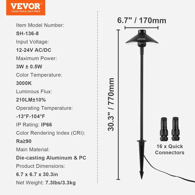 Alt view image 7 of 7 - VEVOR 8 Pack Low Voltage Landscape Path Lights, 3W 210LM 12V-24VAC/DC Outdoor LED Pathway Lighting, 3000K Warm White Walkway Lights with Quick Connectors, IP66 Waterproof for Yard Garden Sidewalk
