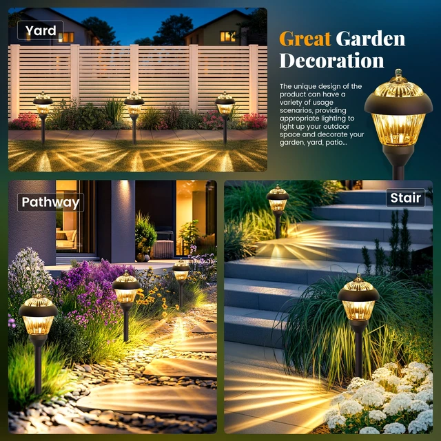 Alt view image 4 of 7 - SOLPEX Solar Pathway Lights, Glass & Metal Bronze Design 2 Brightness Modes | Solar Lights Waterproof Garden Lights Solar Powered Outdoor Decor for Yard, Walkway, Driveway, Patio (4 Pack, Warm White)