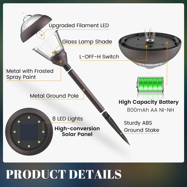 Alt view image 7 of 7 - SOLPEX Solar Pathway Lights, Glass & Metal Bronze Design 2 Brightness Modes | Solar Lights Waterproof Garden Lights Solar Powered Outdoor Decor for Yard, Walkway, Driveway, Patio (4 Pack, Warm White)